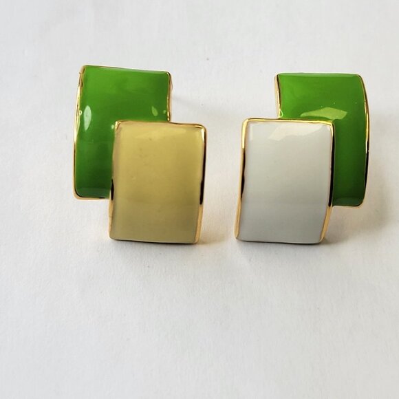 Small Mini Earrings in Green, Cream and White Enamel - Picture 4 of 8